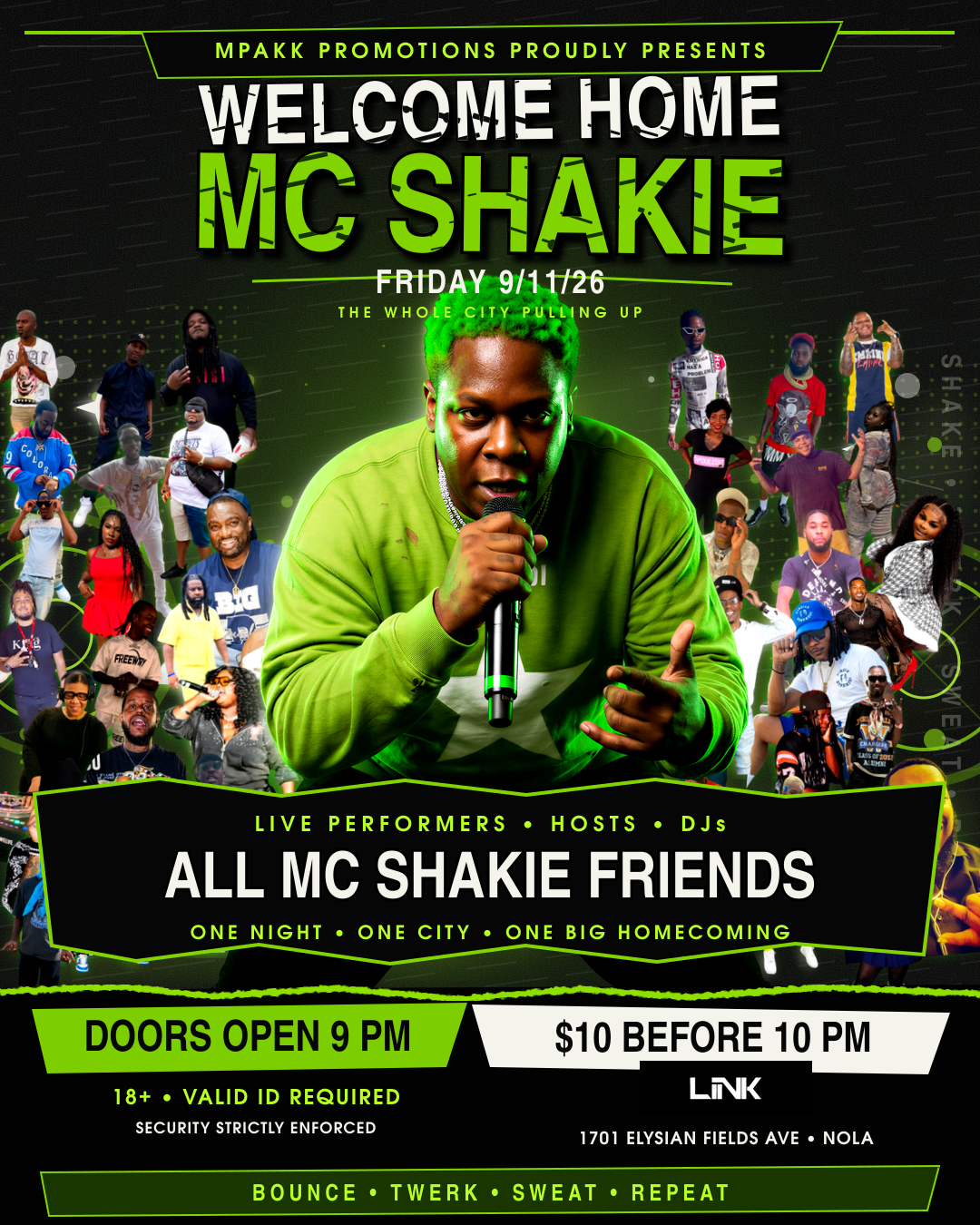Welcome Home MC Shakie event artwork featuring MC Shakie and the full cast of New Orleans performers