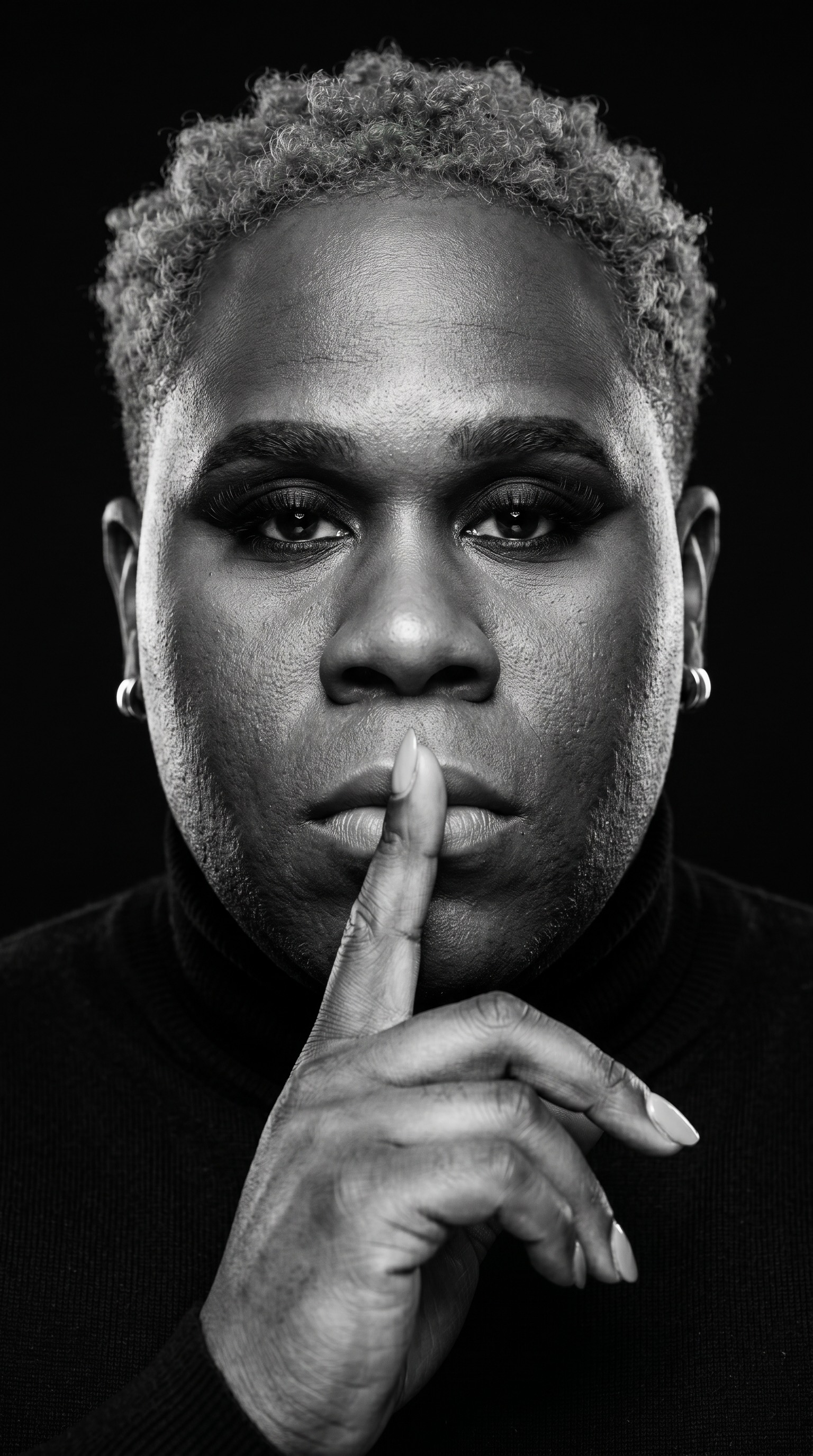 MC Shakie in a dramatic black-and-white portrait